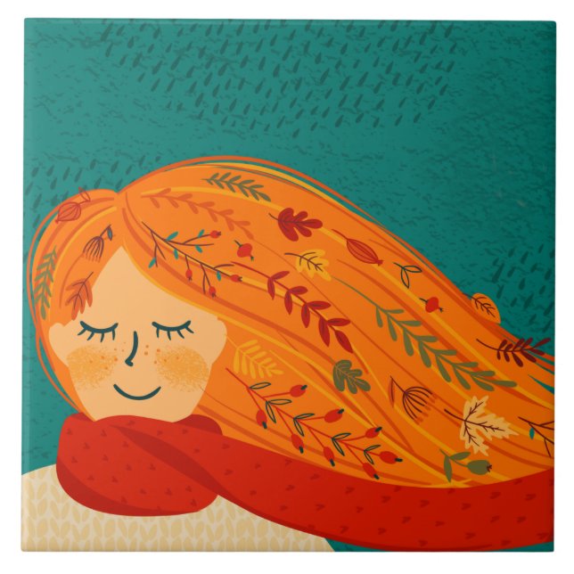 Autumn Rustic Girl Leaves and Rain Tile (Front)