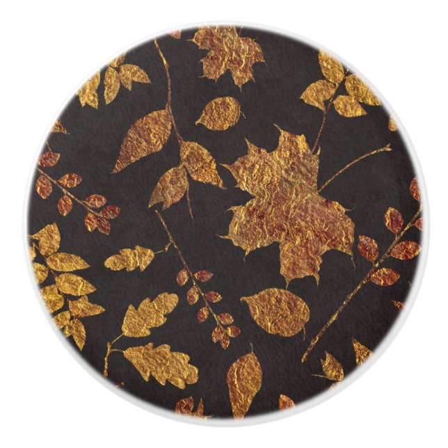 Autumn Rustic Golden Leaves Elegant Fall Ceramic Knob (Front)