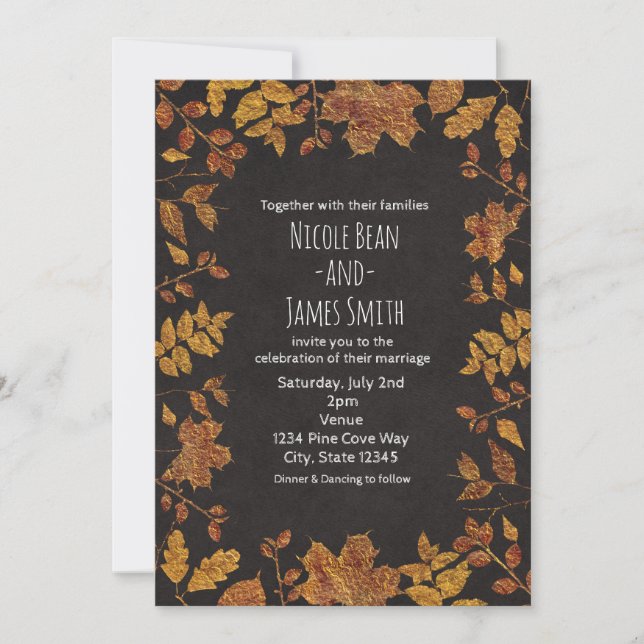 Autumn Rustic Golden Leaves Elegant Wedding Invitation (Front)