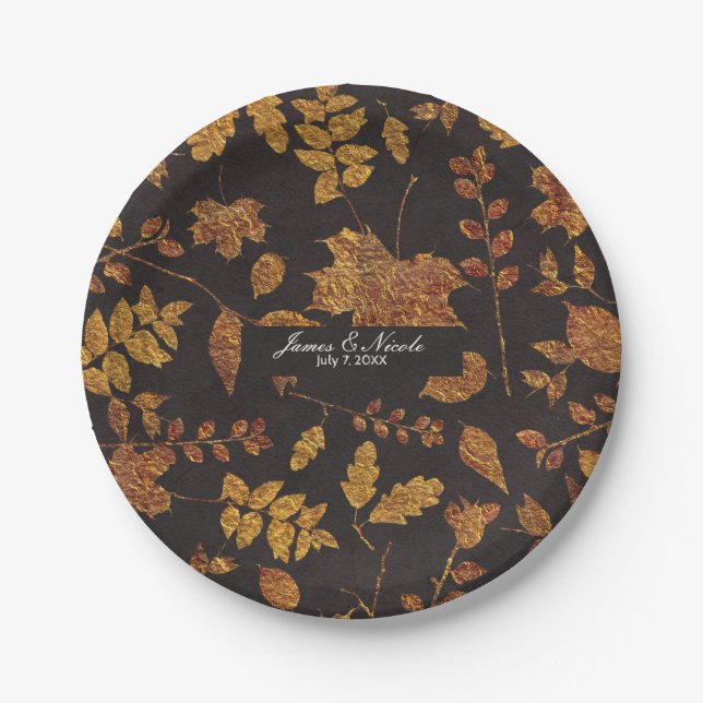 Autumn Rustic Golden Leaves Elegant Wedding Paper Plate (Front)
