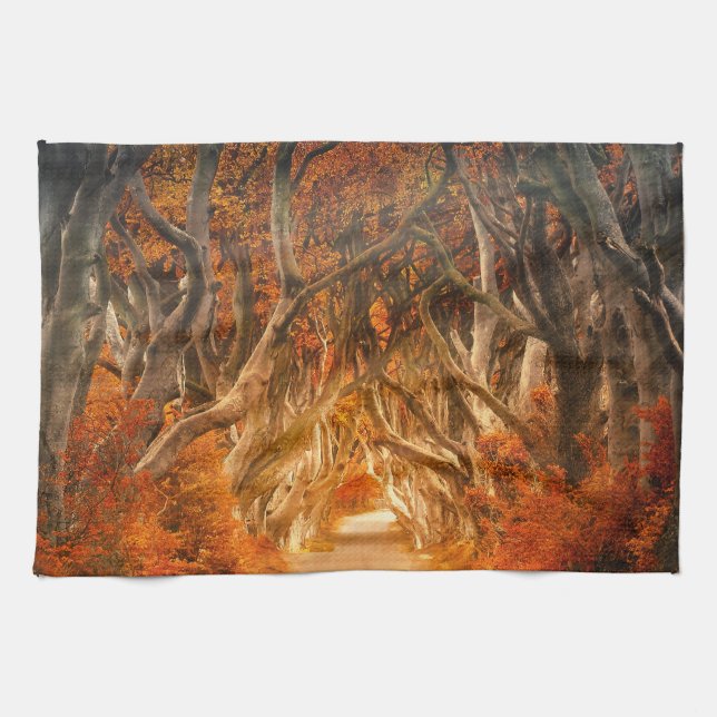 Autumn rustic maple tree forest fall orange brown tea towel (Horizontal)