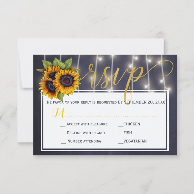 Autumn rustic navy sunflowers wedding script rsvp (Front)