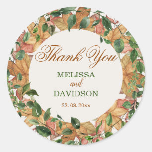 Autumn Rustic Orange Greenery Watercolor Wedding Classic Round Sticker
