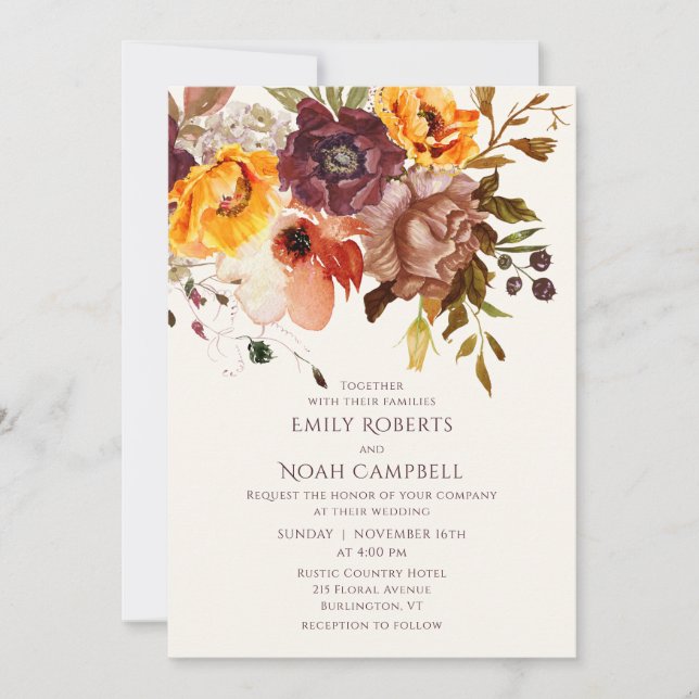 Autumn Rustic Plum Orange Floral Invitation (Front)