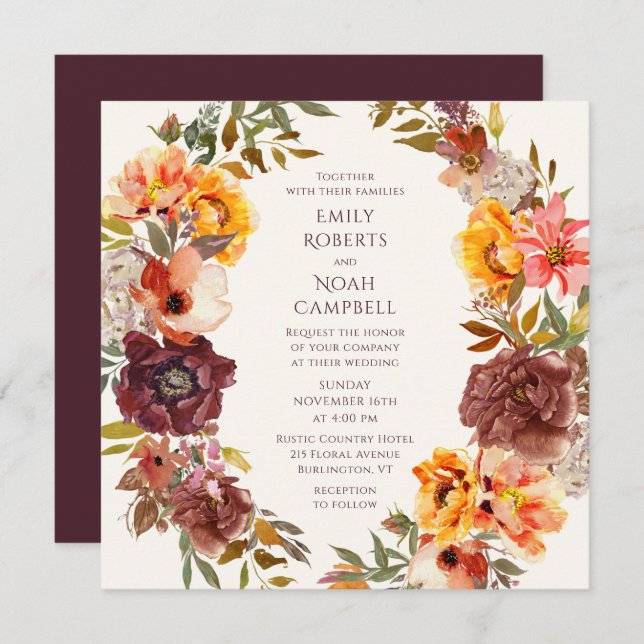 Autumn Rustic Plum Orange Floral Wedding Invitation (Front/Back)