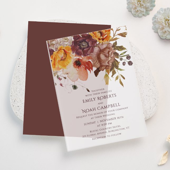 Autumn Rustic Plum Orange Floral Wedding Vellum Invitations (Creator Uploaded)