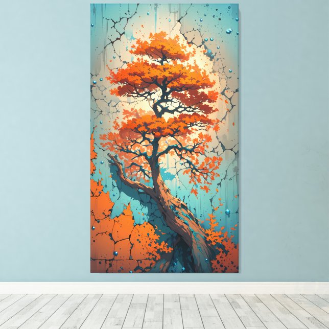 Autumn’s Last Stand: A Fiery Tree in a Cracked  Canvas Print (Insitu(Wood Floor))