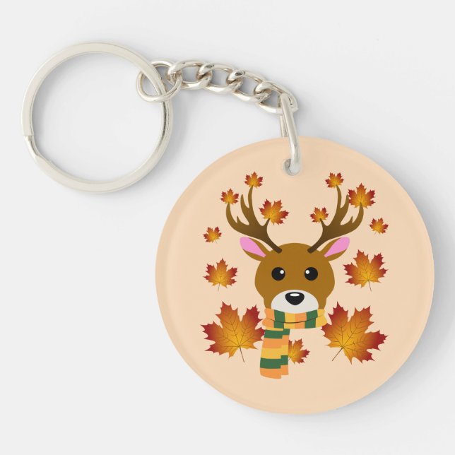 Autumn Scarf Deer Maple Leaves Key Ring (Front)