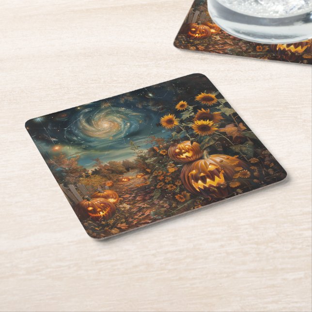 Autumn Scene with Jack-o'-lanterns and Sunflowers Square Paper Coaster (Angled)