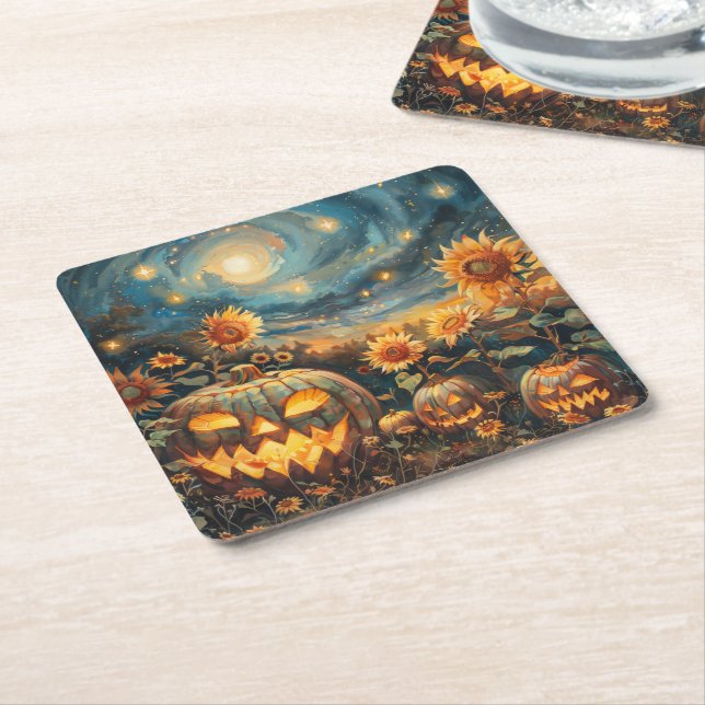 Autumn Scene with Jack-o'-lanterns and Sunflowers Square Paper Coaster (Angled)