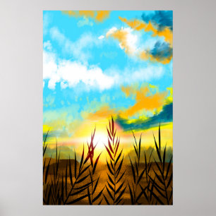 Autumn Scenery Wheat Field Sunset Poster