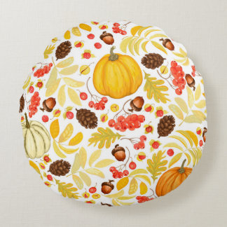 Autumn seamless background with pumpkins, acorns,  round cushion