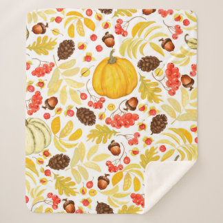 Autumn seamless background with pumpkins, acorns,  sherpa blanket