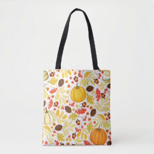 Autumn seamless background with pumpkins, acorns, tote bag