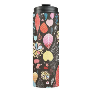Autumn seamless pattern with colourful leaves and thermal tumbler