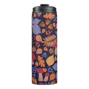 Autumn seamless pattern with leaves, branches and thermal tumbler