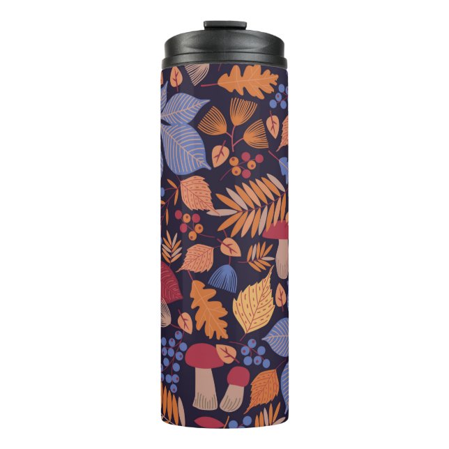 Autumn seamless pattern with leaves, branches and  thermal tumbler (Front)