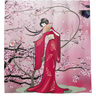 Autumn Season Japanese Lady In Kimono Shower Curtain