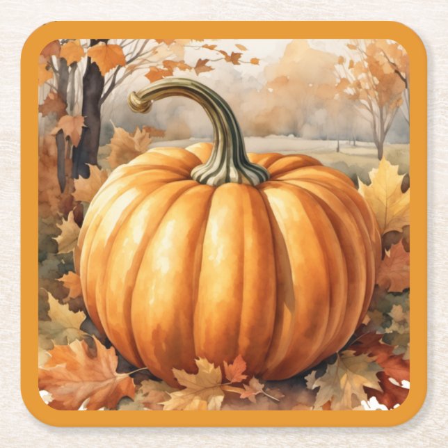 Autumn Season Pumpkin Theme  Square Paper Coaster (Front)