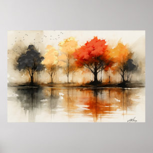 Autumn Serenity - Misty Reflections and Fiery Tree Poster