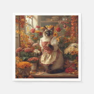 Autumn Siamese Cat Florist arranging flowers Napkin