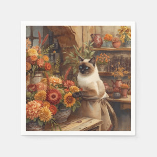 Autumn Siamese Cat Florist arranging flowers Napkin