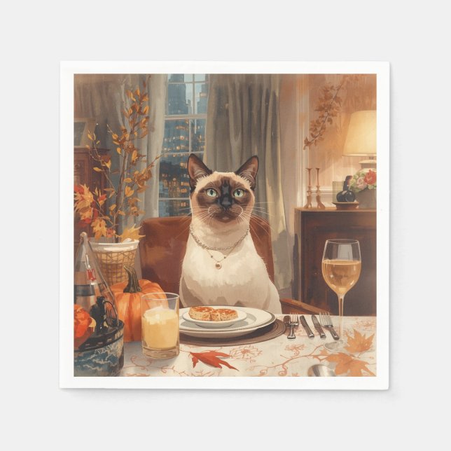 Autumn Siamese Cat Hostess at Dinner Thanksgiving Napkin (Front)