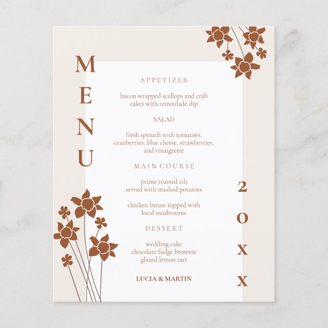 Autumn Side Floral Wedding Dinner Menu Card (Front)