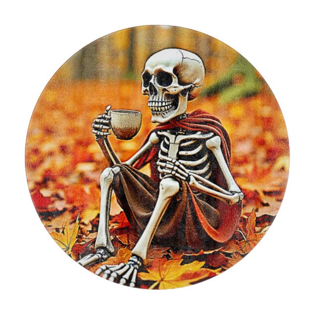 Autumn Skeleton Coffee Break Design Cutting Board (Front)