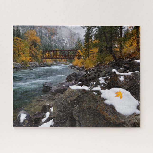 Autumn Snow Along Wenatchee River Near Leavenworth Jigsaw Puzzle (Horizontal)