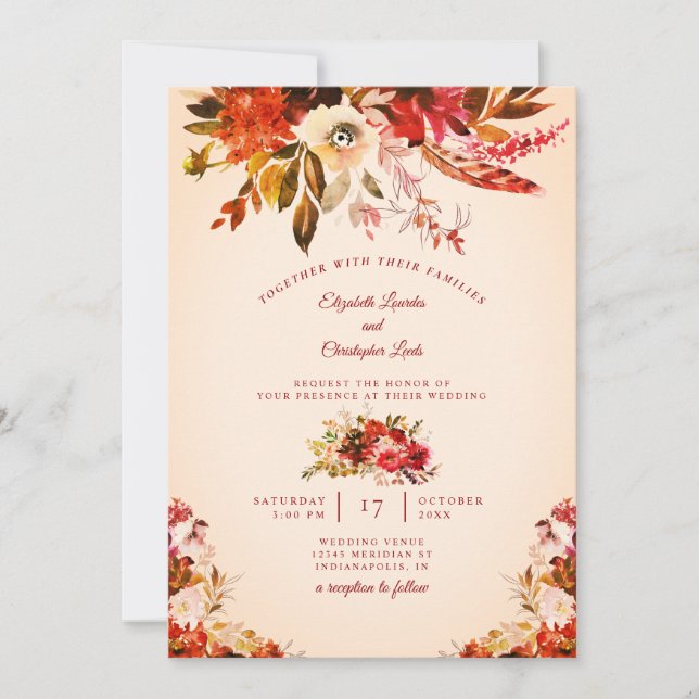 Autumn Splendour Floral Blushed Ivory Wedding Invitation (Front)