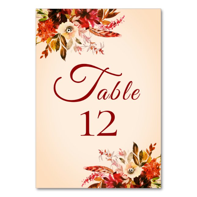 Autumn Splendour Floral Blushed Ivory Wedding Table Number (Front)