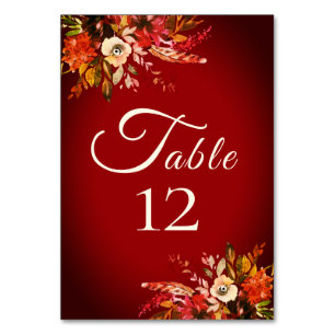 Autumn Splendour Floral Burnished Red Wedding Table Number