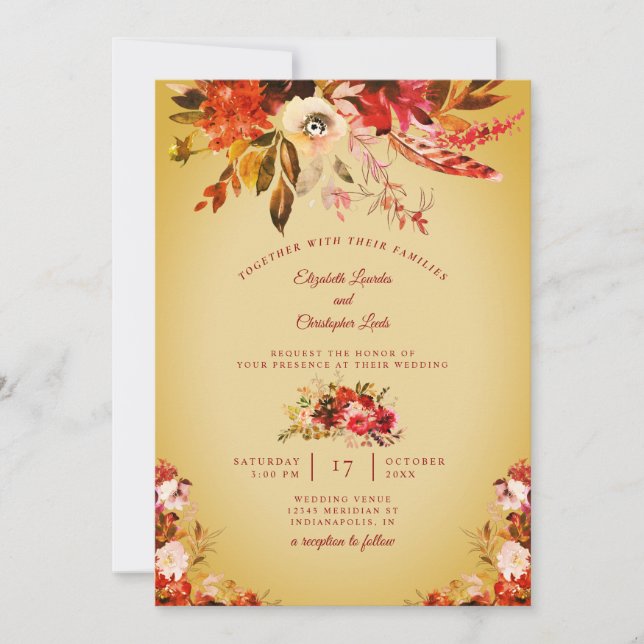Autumn Splendour Floral Golden Washed Wedding Invitation (Front)