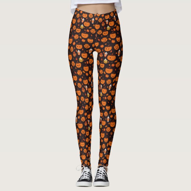 Autumn Spooky Pumpkin Pizzazz Party Leggings (Front)