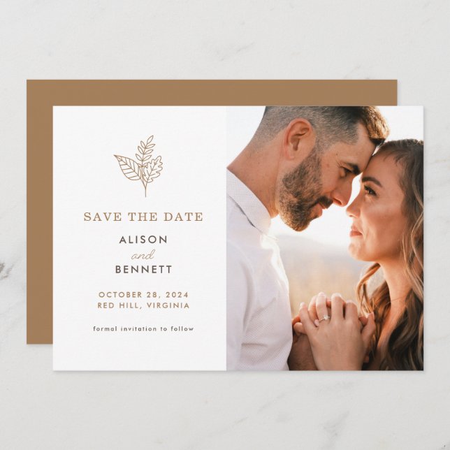 Autumn Sprig Fall Wedding Photo Save The Date Card (Front/Back)