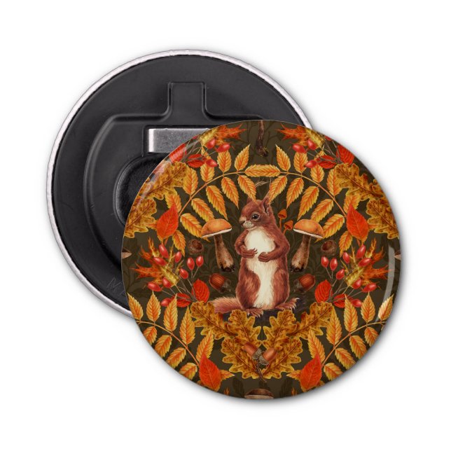 Autumn squirrel on dark brown bottle opener (Front)