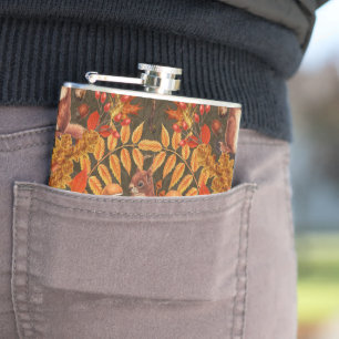 Autumn squirrel on dark brown hip flask