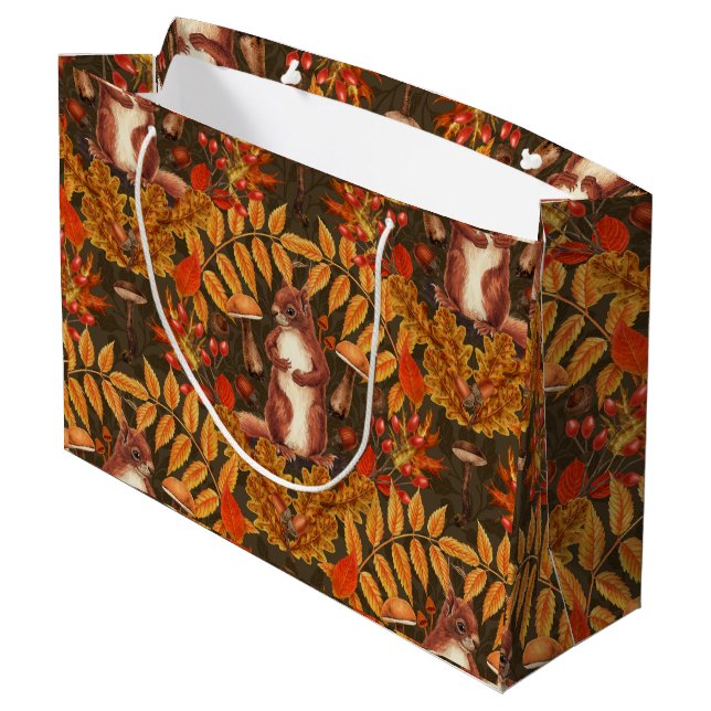 Autumn squirrel on dark brown large gift bag (Back Angled)