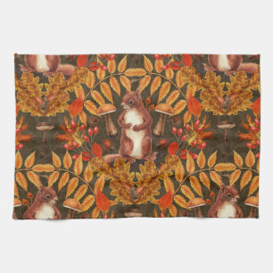 Autumn squirrel on dark brown tea towel