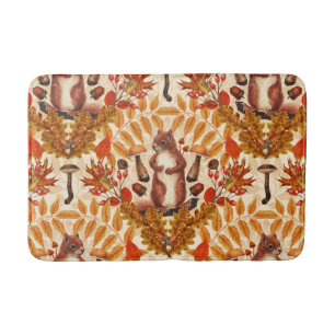 Autumn squirrel on off white bath mat