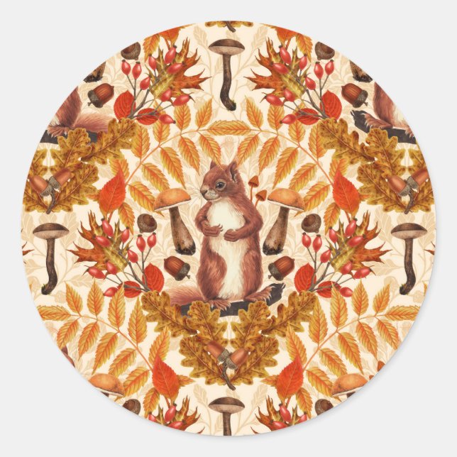 Autumn squirrel on off white classic round sticker (Front)