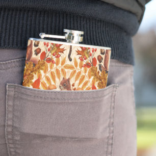 Autumn squirrel on off white hip flask
