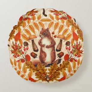 Autumn squirrel on off white round cushion