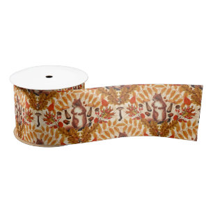 Autumn squirrel on off white satin ribbon