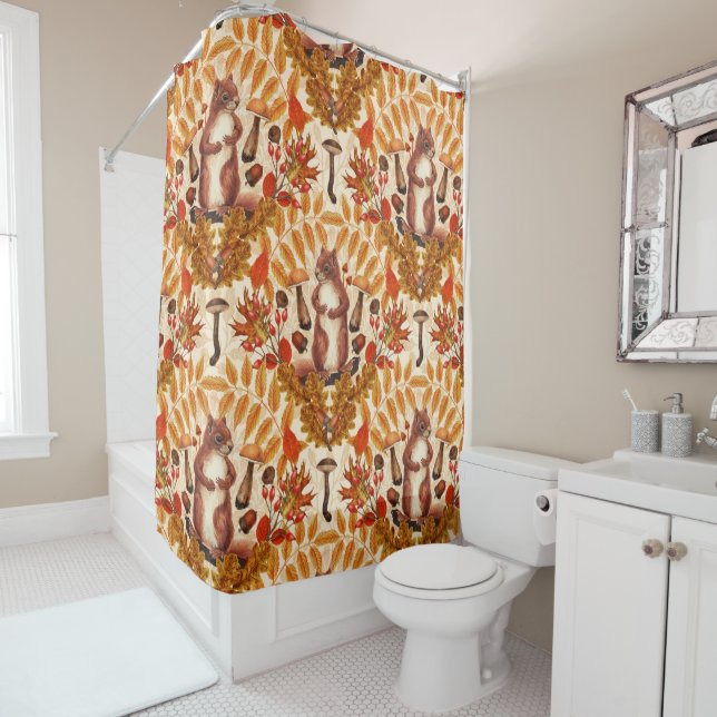 Autumn squirrel on off white shower curtain (In Situ)