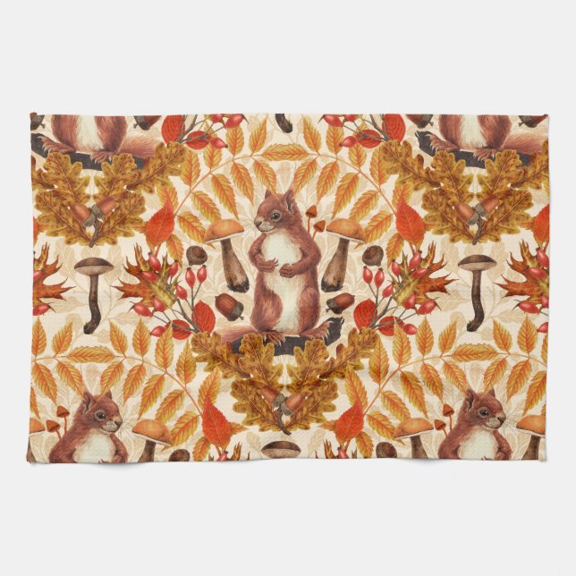 Autumn squirrel on off white tea towel (Horizontal)