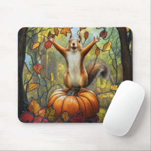 Autumn Squirrel on Pumpkin in Stained Glass Art Mouse Pad