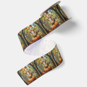 Autumn Squirrel on Pumpkin Stained Glass Art Satin Ribbon