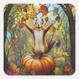 Autumn Squirrel on Pumpkin Stained Glass Art Square Sticker